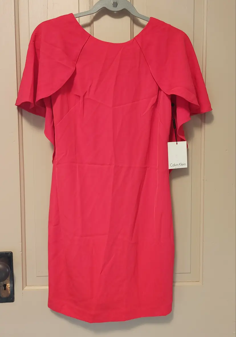 Dress- Brand: Calvin Klein. Size 2 Petite. NWT. Retail $139. Red dress. Material: Shell- 95% polyester, 5% spandex. No callouts.