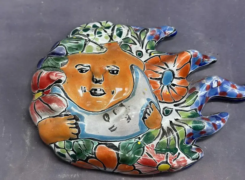 Talavera Anel Pottery Mexico Hand Painted Colorful Marked Sunshine Redware