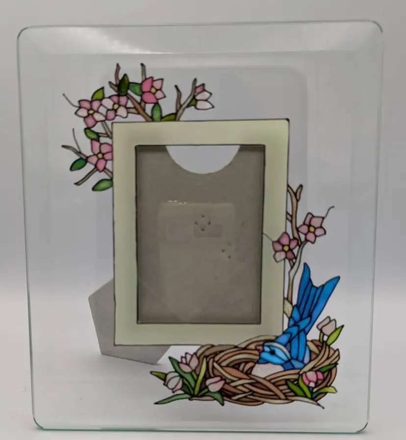 Joan Baker Hand Painted Glass Frame Blue Bird in Nest