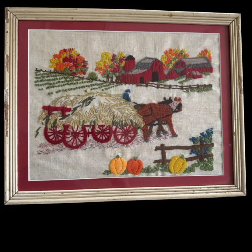 13”x15” Vintage Framed Embroidery Farm Scene, Some Scuffs On Frame