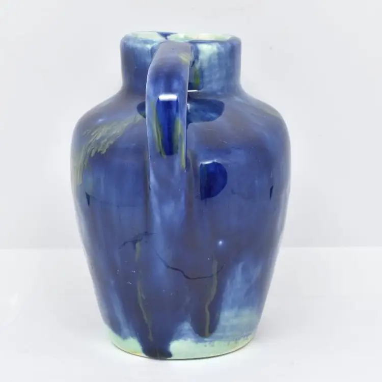 Ceramic Art Pottery Pitcher, Signed, Blue Drip Glaze, 4" Tall