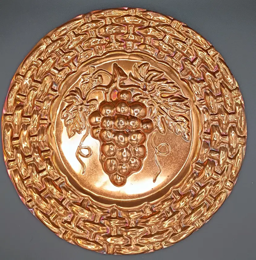 Vintage Hammered Copper Grape Basket Weave Wall Plate Country Farm Rustic