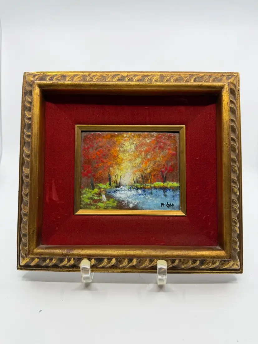 Max Karp Enamel On Copper Ornate Frame& Matted Autumn Scene Artwork 10.5”