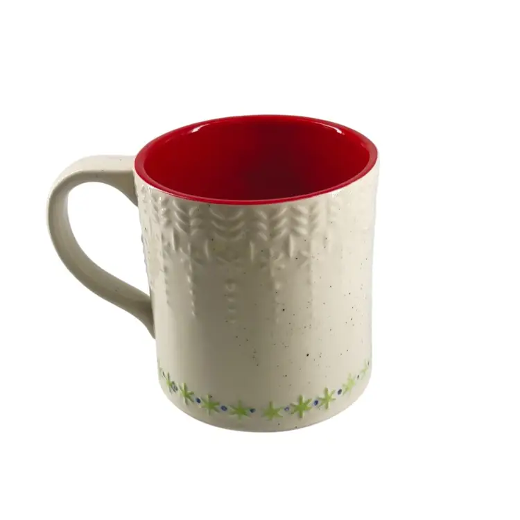 Christmas Mug
Bundle Up Series 
By Anthropologie
Embossed Mitten Snowflake Tree Motif 
Red Interior 
Monogrammed Letter L
