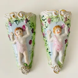 Pair of Vintage Pioneer Japan Wall Pockets Porcelain Hand Painted Cherub Grapes, 6.5" tall, 3.5" wide and 1.75" deep