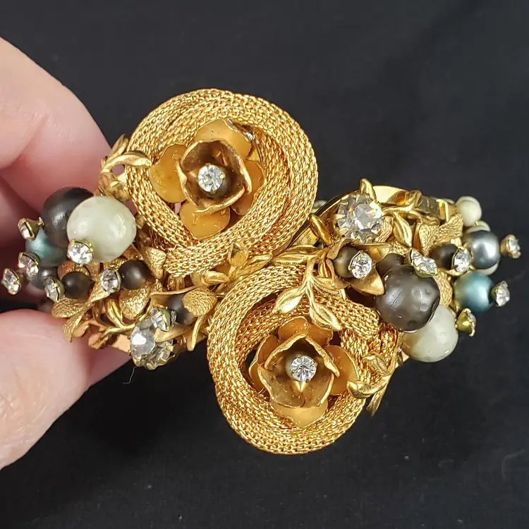 Attributed to Miriam Haskell Faux Pearl & Rhinestone Floral Clamper Bracelet