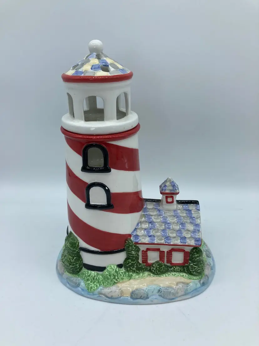 Avon Decorative Illuminated White Red Lighthouse Ceramic Nautical Beach H03
