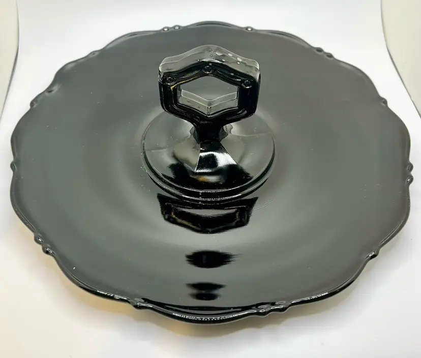 Black Glass Plate Tidbit Tray With Handle Scalloped Edge