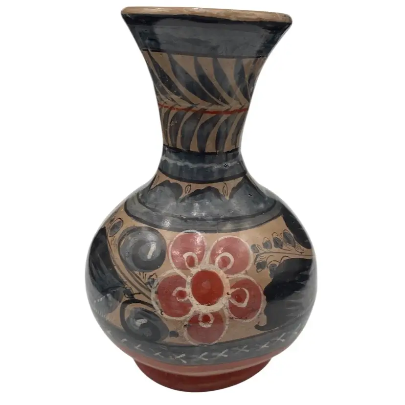 Vintage Handmade Tonala (Mexico) Red Clay Vase, Florals