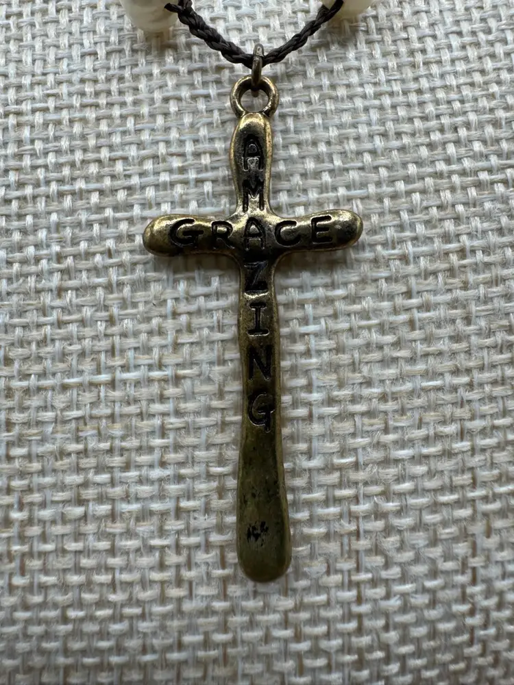 Genuine Pearl & Brass Tone Cross With The Words, Amazing Grace