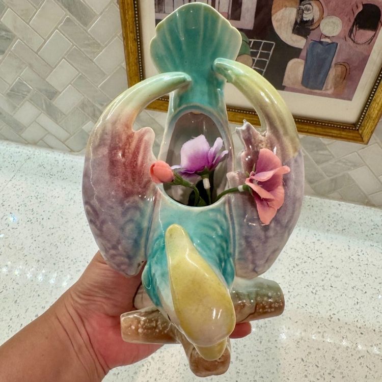Vintage Pottery Wall Pocket Vase Multicolor hand painted Parrot Tropical Bird Planter MCM Majolica.