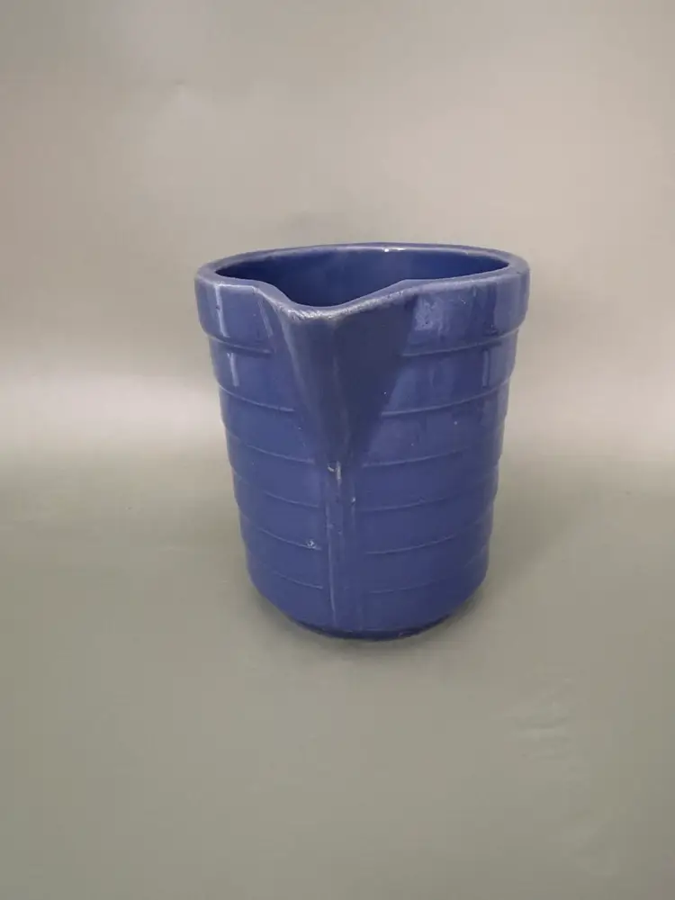 Vintage Blue Ribbed Stoneware Pitcher 5” Made In The USA,