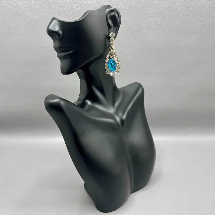 Vintage Drop Dangle Statement Earrings Blue Teardrop Rhinestone Gold Tone Clear Rhinestones 1.75 " Pierced