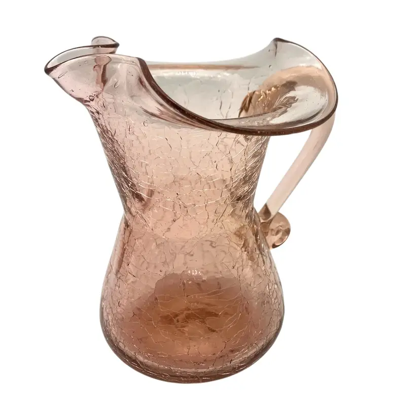 BIN - Vintage Hand Blown Champagne Pink Crackle Glass Pitcher Vase 5”