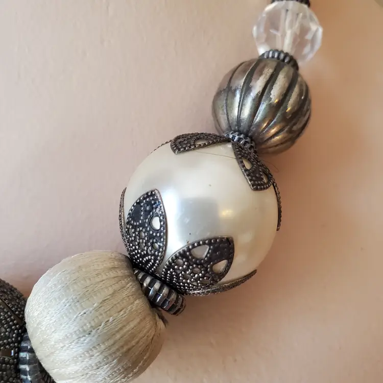 Funky Chunky Beaded Necklace with Faux Pearl and Silver Tone