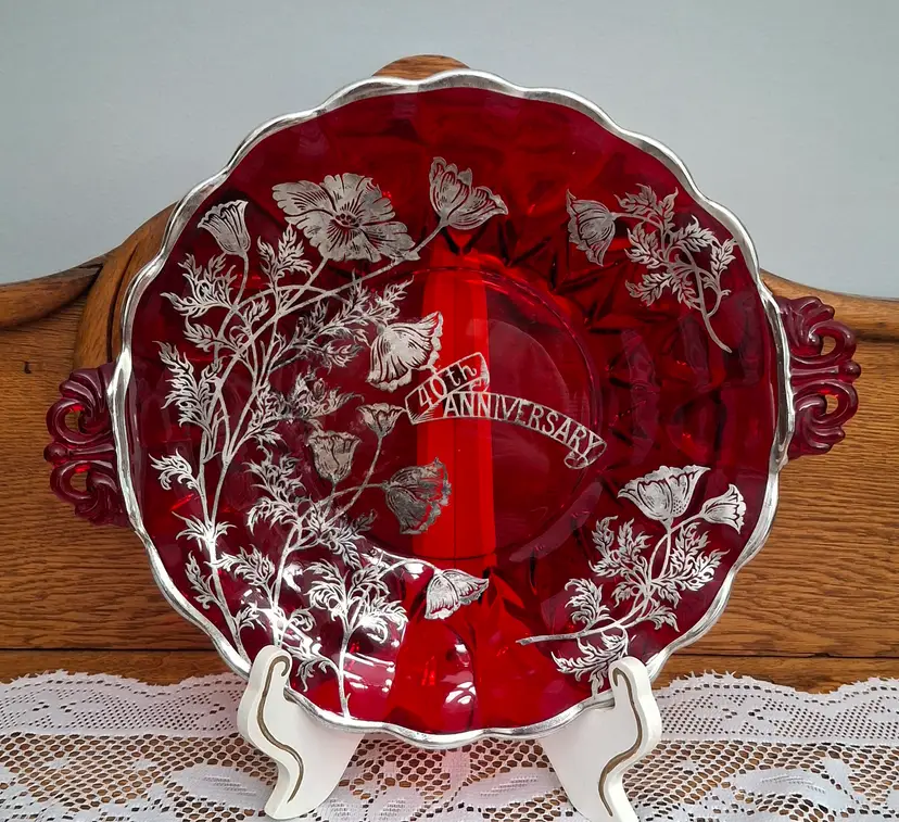 Vintage Ruby Red New Martinsville Glass Tray with Silver City Overlay