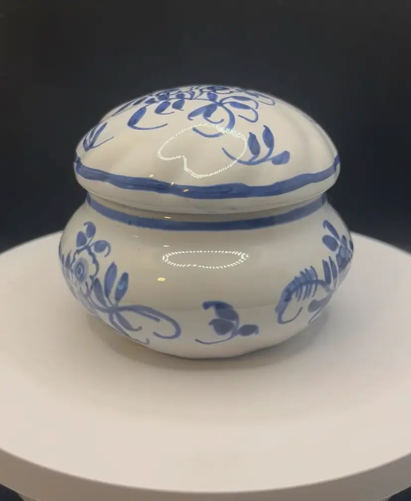 Vintage Tiffany & Co. French Porcelain Round Lidded Trinket Box Delft Blue