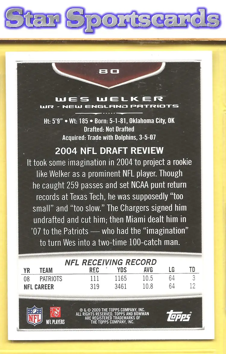 2009 Bowman Draft Picks #80 Wes Welker Red New England Patriots
