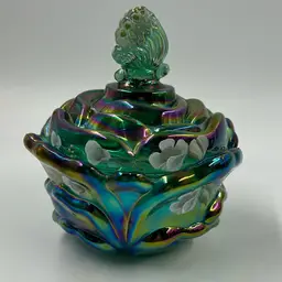 Vintage Hand painted Fenton  Aqua Carnival Glass Candy Dish With A Butterfly On The Lid.  5” T 5”w