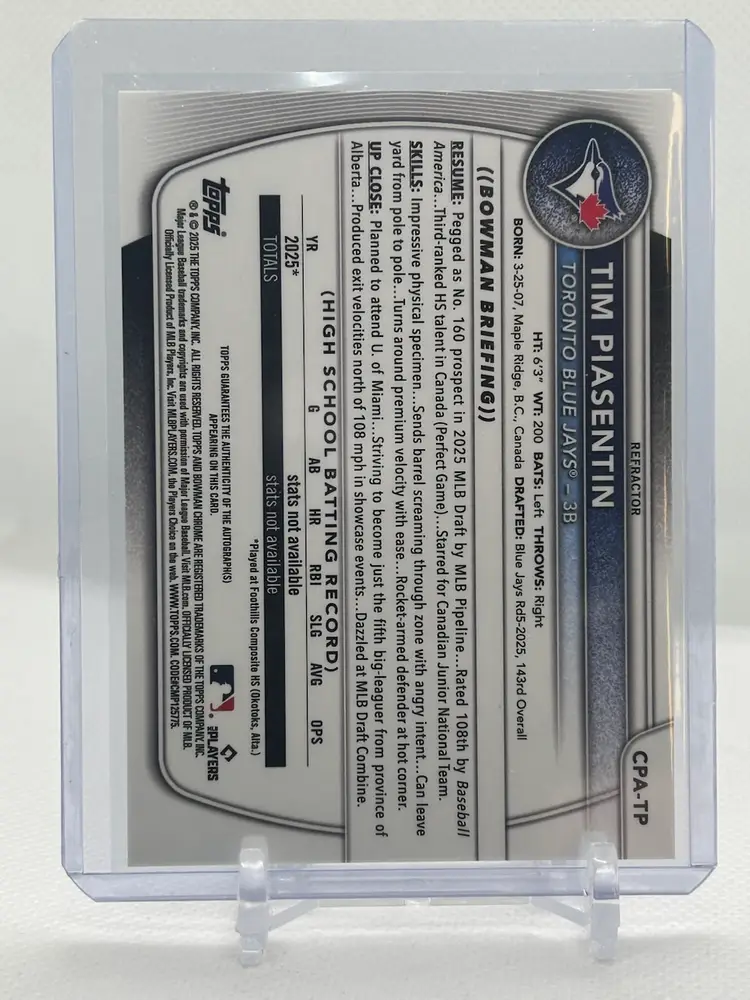Tim Piasentin 2025 Bowman Draft Chrome 1st Refractor Auto /499 Toronto Blue Jays