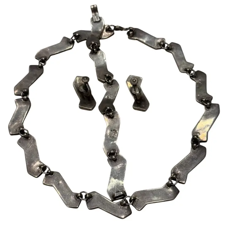 Vintage MCM Mexican Modernist Sterling Silver Abalone Inlaid Set; Necklace 16.5, Bracelet 6.5”, Screw Back Earrings 1.25”, 69.3g