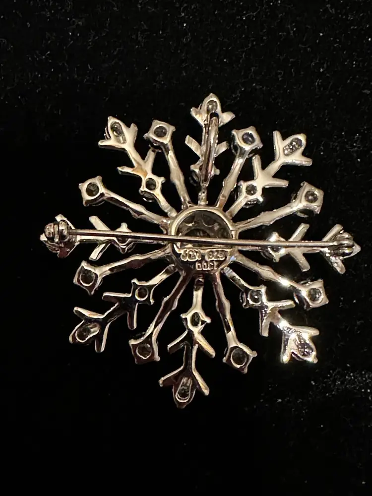 JCM Jacmel Mauritius Sterling Silver & CZ Snowflake Brooch Pin Pendant