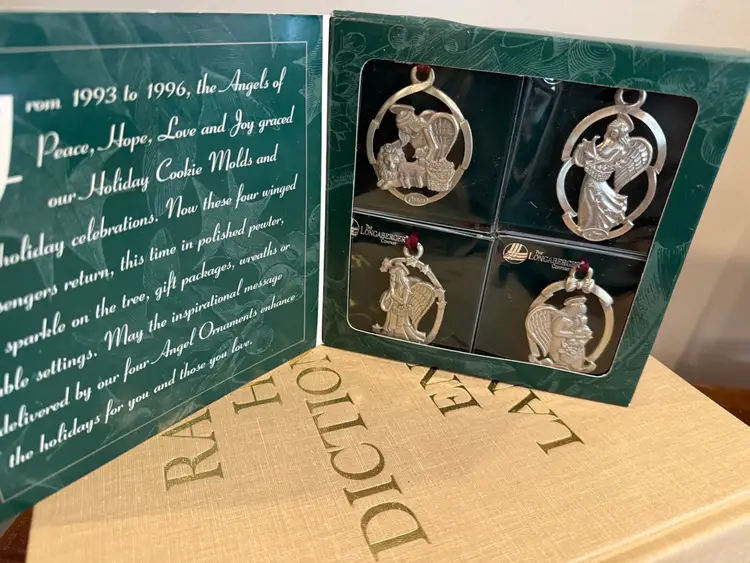 Longaberger 1998 Pewter Angel Ornaments "Peace", "Hope", "Love", "Joy" Set of 4