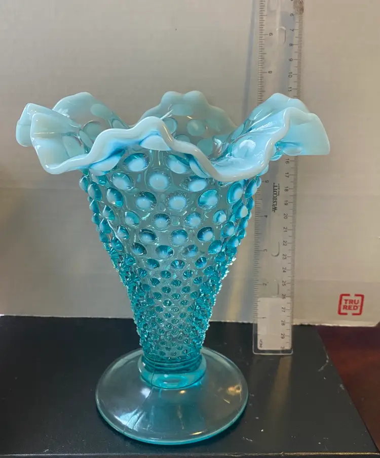 Vintage Fenton Blue Opalescent Hobnail Ruffle Edge Vase 7.5"