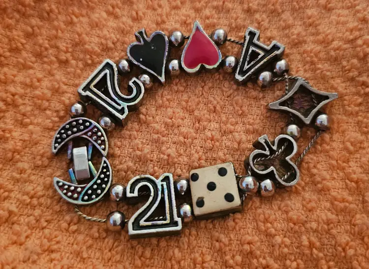 Vintage Enamel Slide Charm Bracelet • Blackjack • Dice • Deck Of Cards