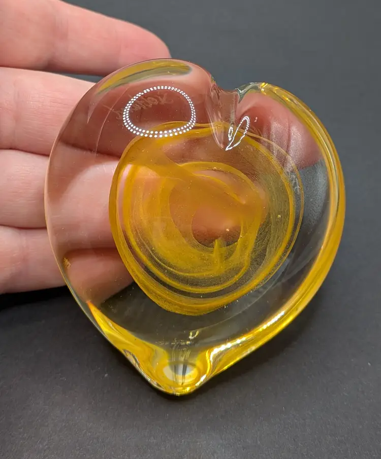 "True Hearts" Caithness Scotland Signed Art Glass Blown Glass Paperweight Heart with Yellow Swirls