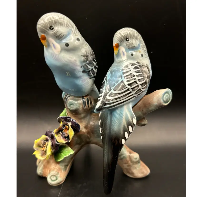Porcelain Bird Figurine 
Two Beautiful Blue Parakeets 
Sitting On Branch