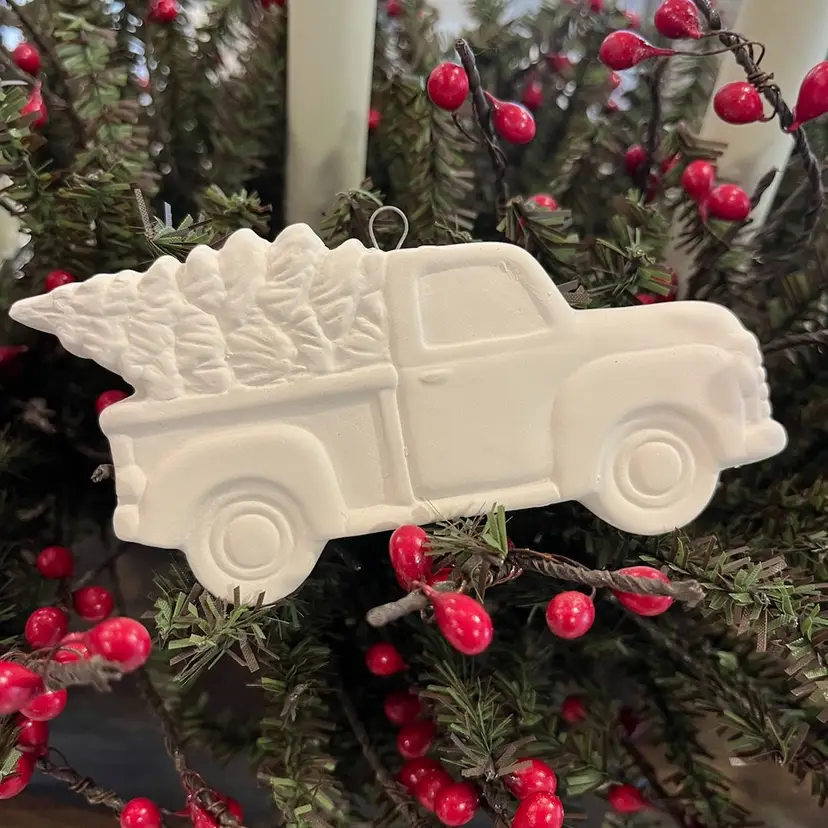 Ceramic Truck And Tree Ornament Unpainted
