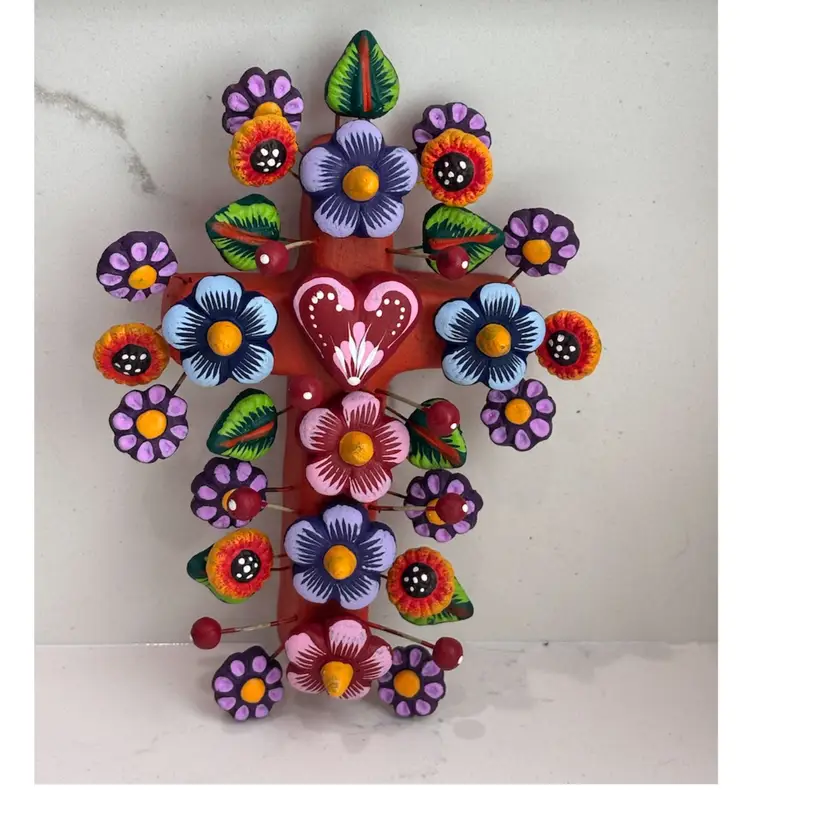 Hand Made Clay Cross Covered In Flowers, 8”x4”, Tree Of Life Wall Decoration