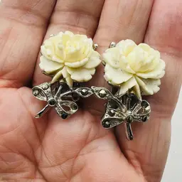 Coro White Rose Clip On Earrings Vintage 50s MCM Marcasites Silver Tone Feminine