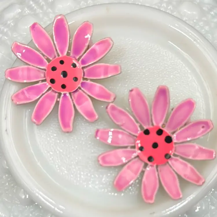 Pink Daisy Enamel Clip On Earrings 1960S