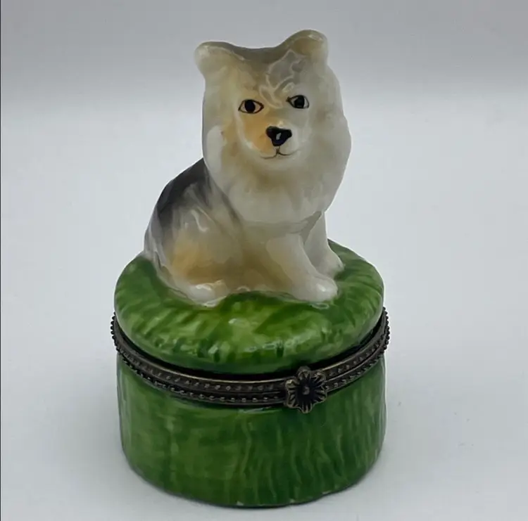 Small Dog Trinket Box - Ceramic with Metal Clasp and Hinge - Approx 3" Tall
