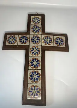 Hand Made Cross W/ Hand Painted Mexican Ceramic Tiles surrounded by wood-frame