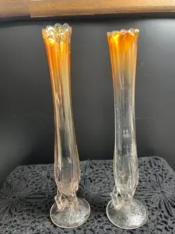 Vintage Glass Dugan Marigold Carnival Tall Bud Vases. Beautiful Bases on Both.