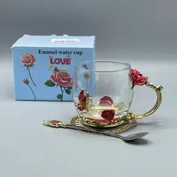 ARC Rose & Butterfly Glass, Rhinestone & Enameled Metal Cup and Spoon w/ Faux Lace Doily