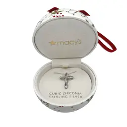 NWT Macy’s CZ & Sapphire Sterling Silver Cross Pendant Necklace Ornament Box