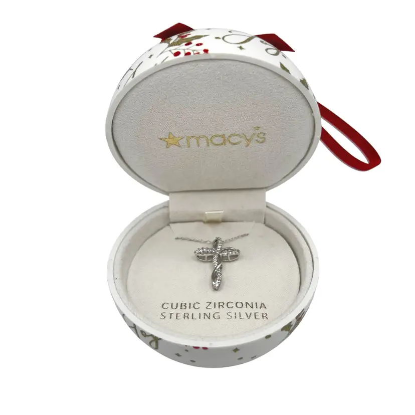 NWT Macy’s CZ & Sapphire Sterling Silver Cross Pendant Necklace Ornament Box