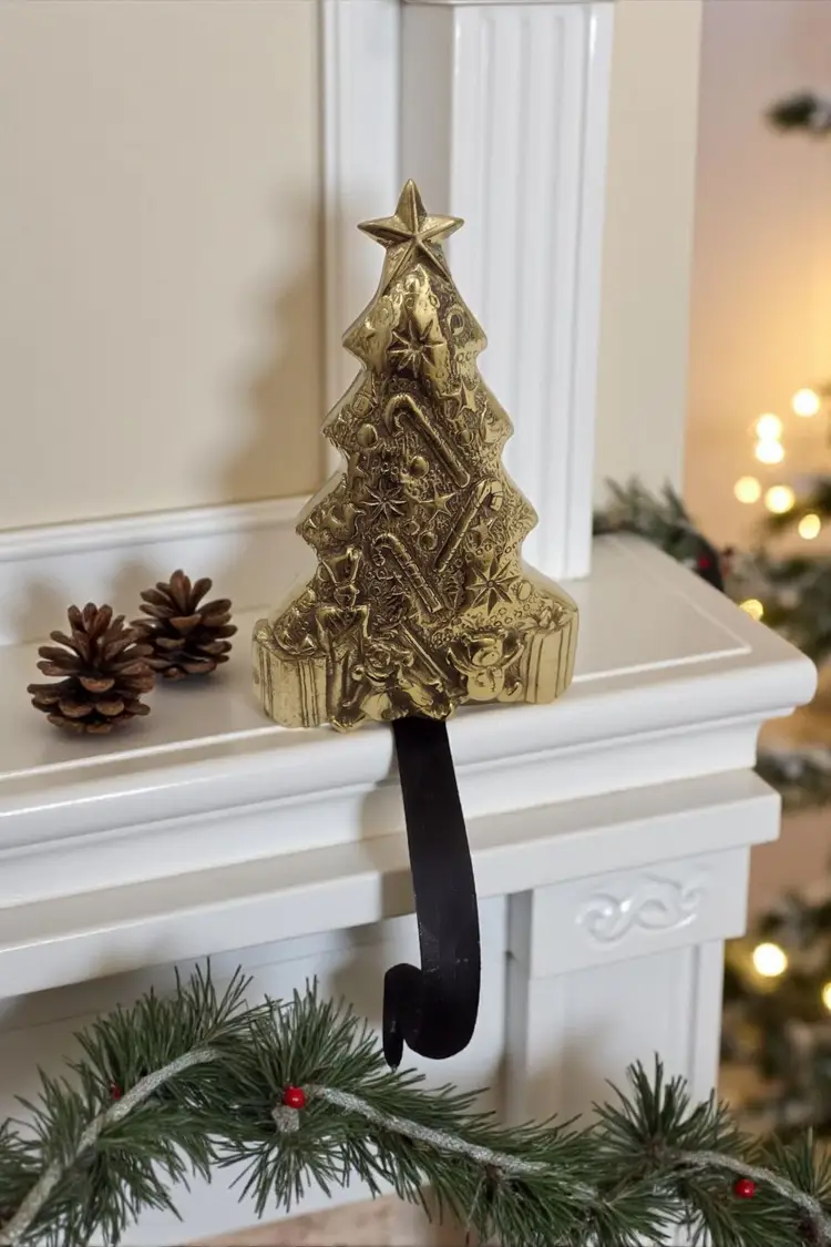 Vtg 1998 Virginia Metalcrafters Solid Brass Christmas Tree Stocking Hanger