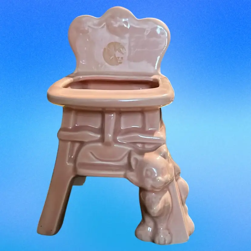 Vintage pink ceramic high chair planter with a cat figure.USA 727 Pottery. Spring, Cat, Plants