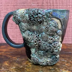 Handmade Barnacle Or Lava Style Mug With Drip Glaze Interior. 4”h & 10 Ounces. Signed Toad Stool. *read