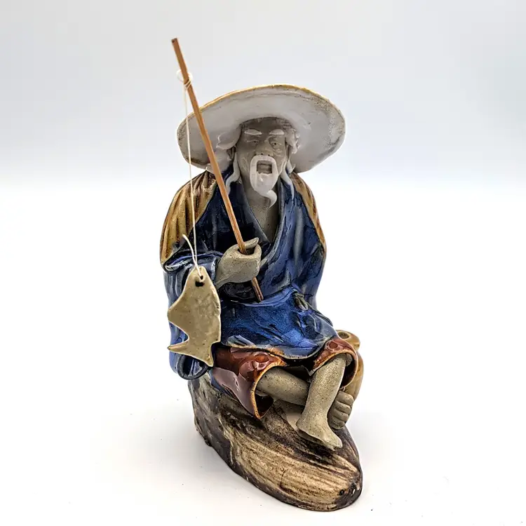 Vintage Mud Man Ceramic Chinese Oriental Fisherman with Fish and Pole Figurine