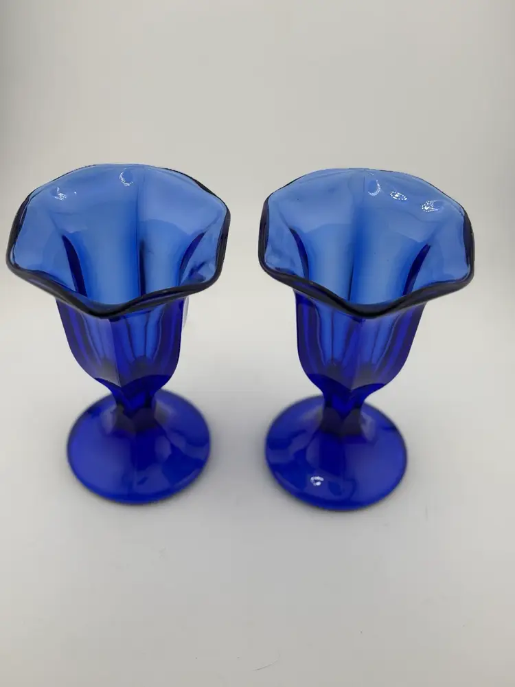 Pair of Vintage Cobalt Blue Ice Cream Sundae Glasses