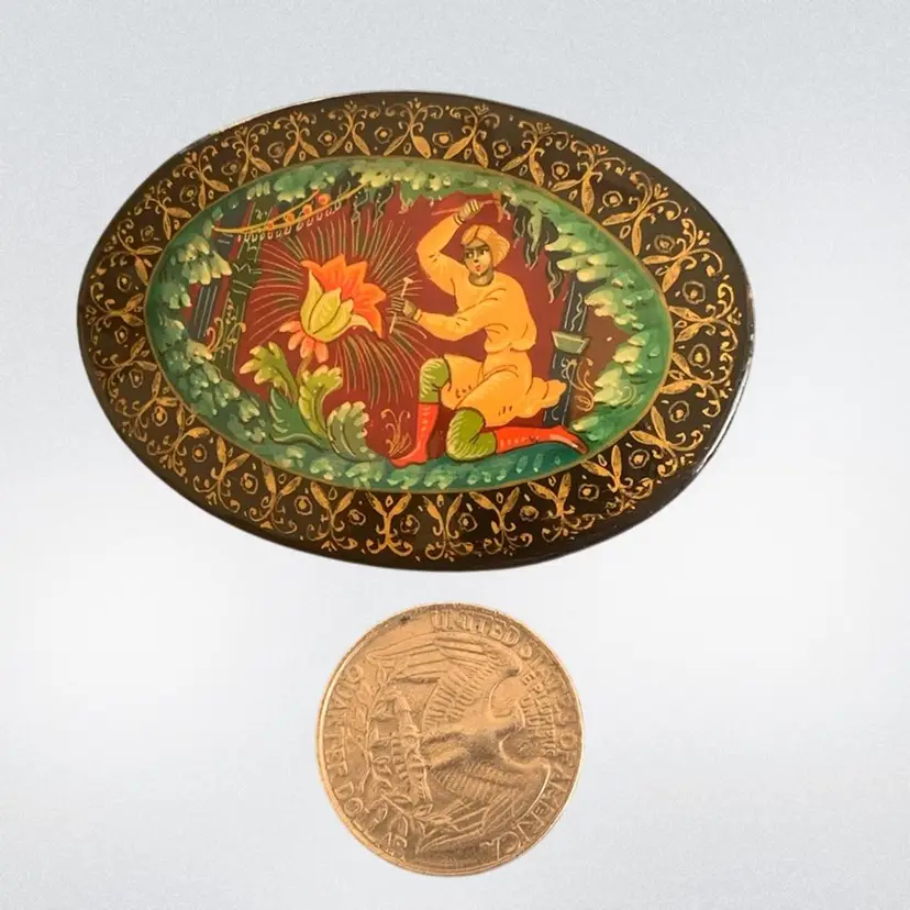 Stunning Colors Russian Black Lacquer Brooch
Mythical Hero