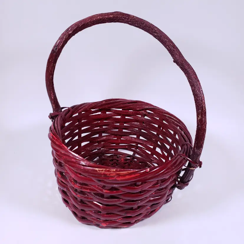 Vintage PRIMITIVE HAND WOVEN Red Lacquer Wicker Stick Handle GATHERING BASKET