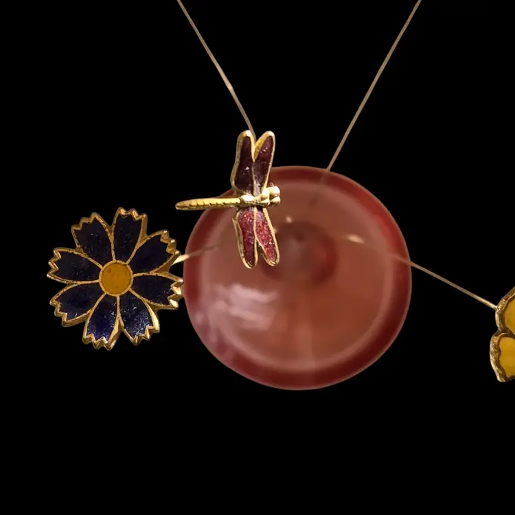 Art Glass Teardrop Vase Enameled Dragonfly & Flowers on Thin Wires for Motion