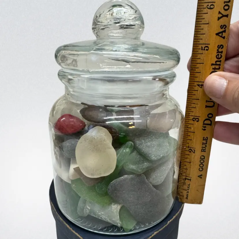6” Apothecary Glass Jar With Lid Full Of Sea Glass